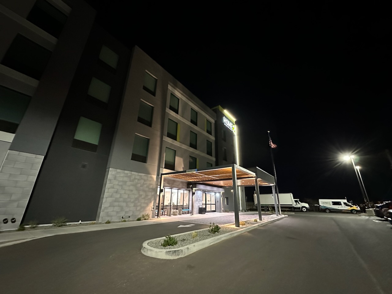 Exterior of Home2Suites hotel. 