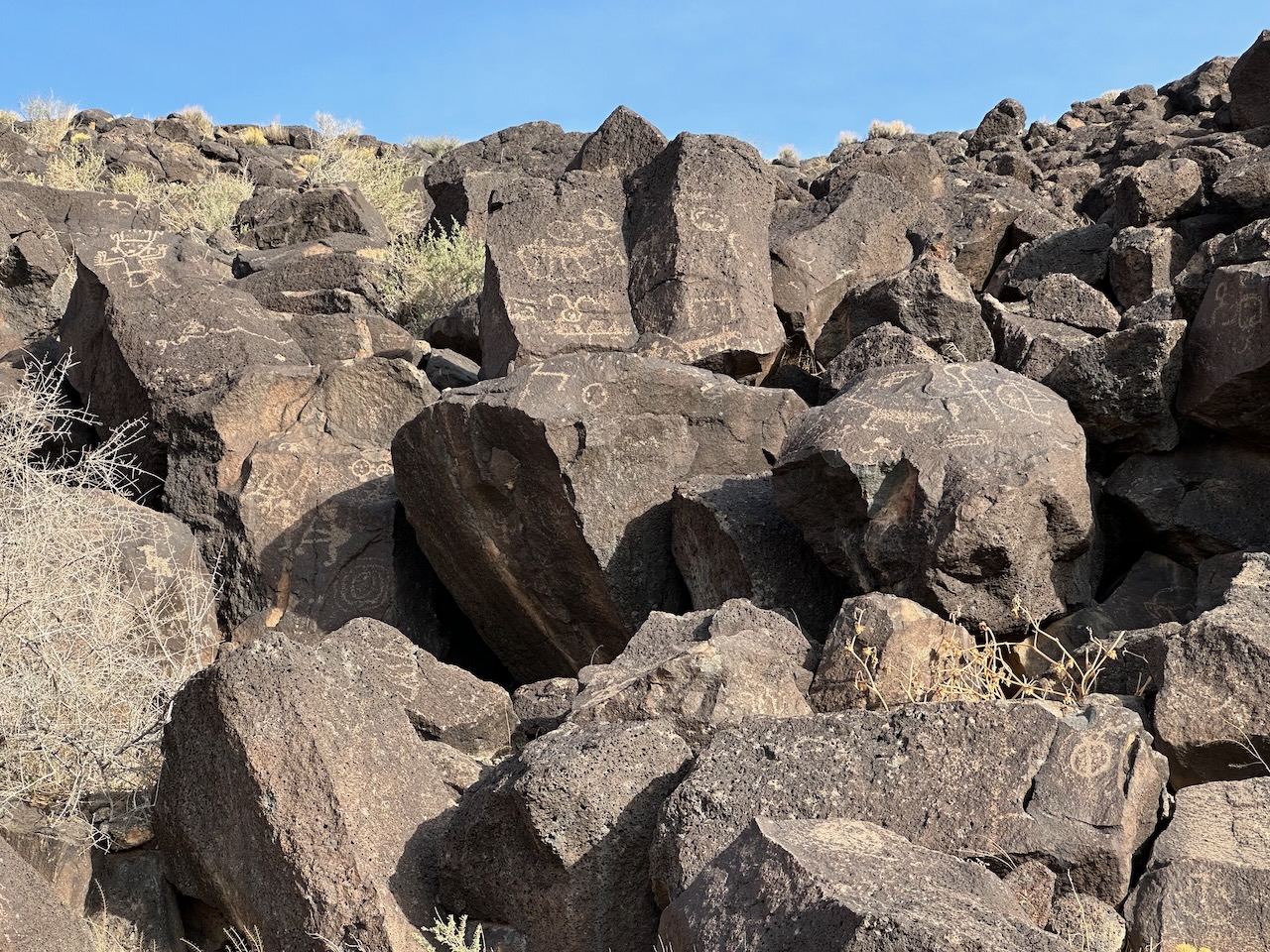 Petroglyphs on rocks on side of hill. 