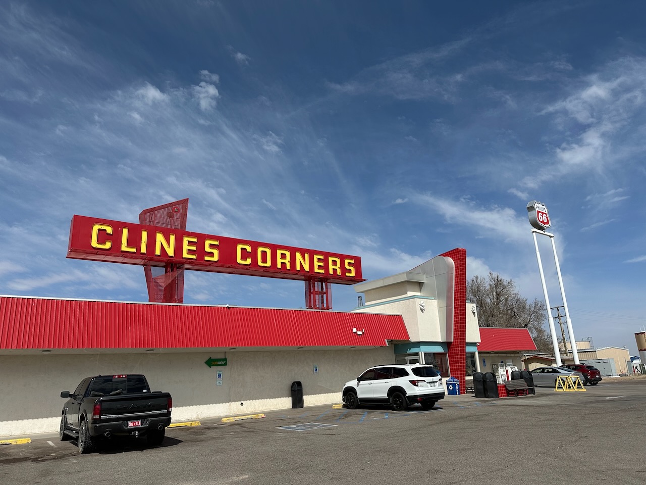 Exterior of Cline's Corner rest stop. 