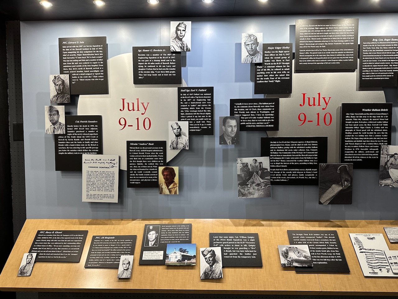 Placards and signage regarding 1947 UFO crash. 