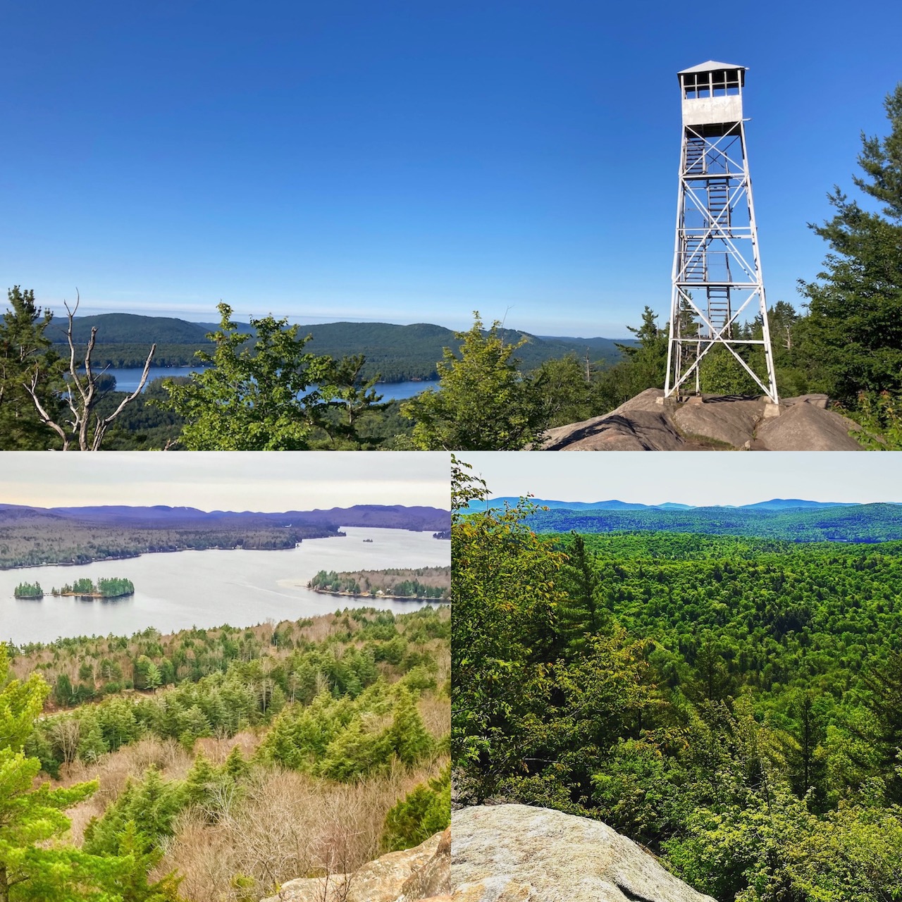 Three-image composite of summits of Black Bear Mountain, Rocky Mountain, and Bald Mountain. 