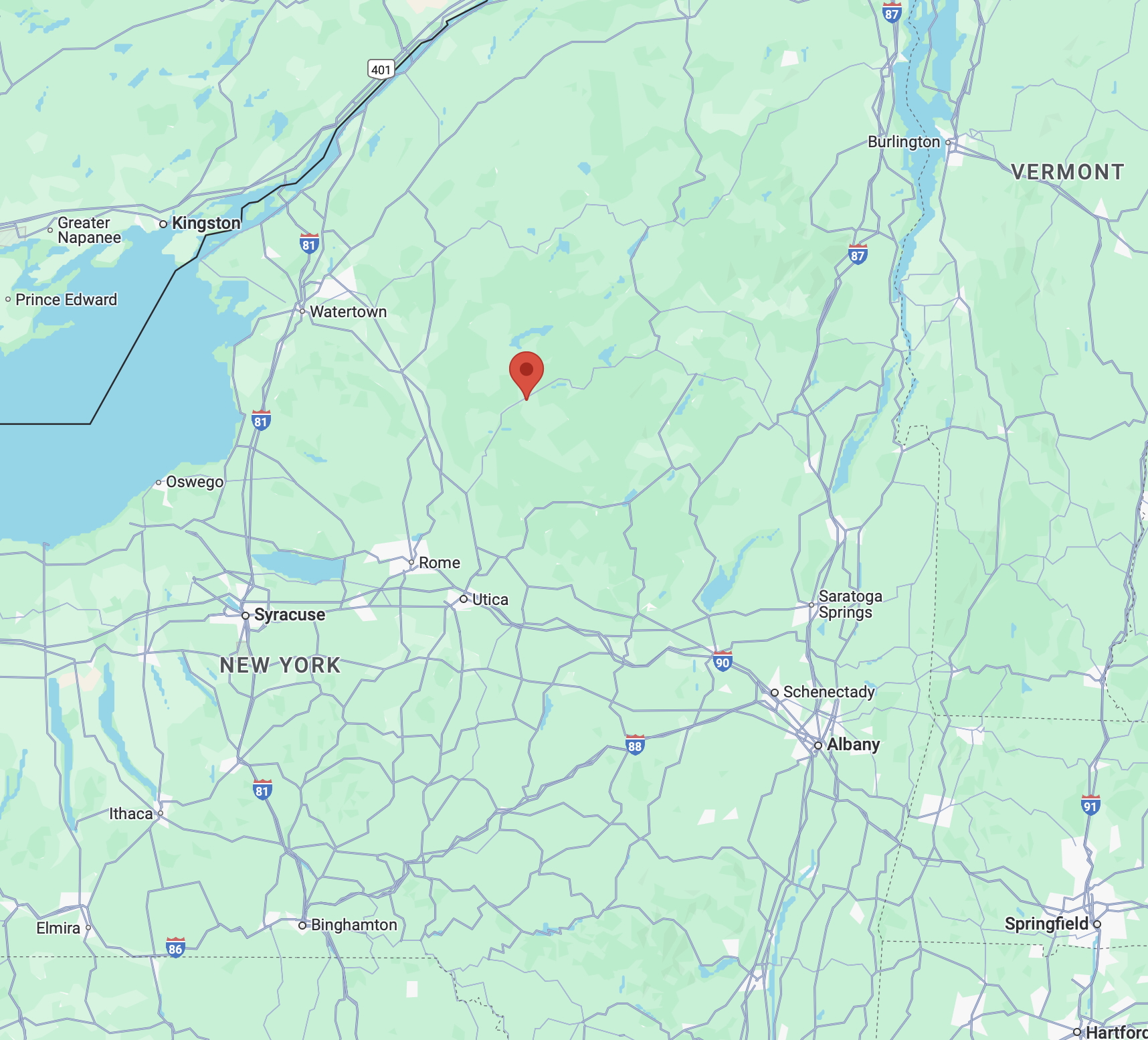 Map of upstate New York, with red pin in location of Old Forge, NY. 