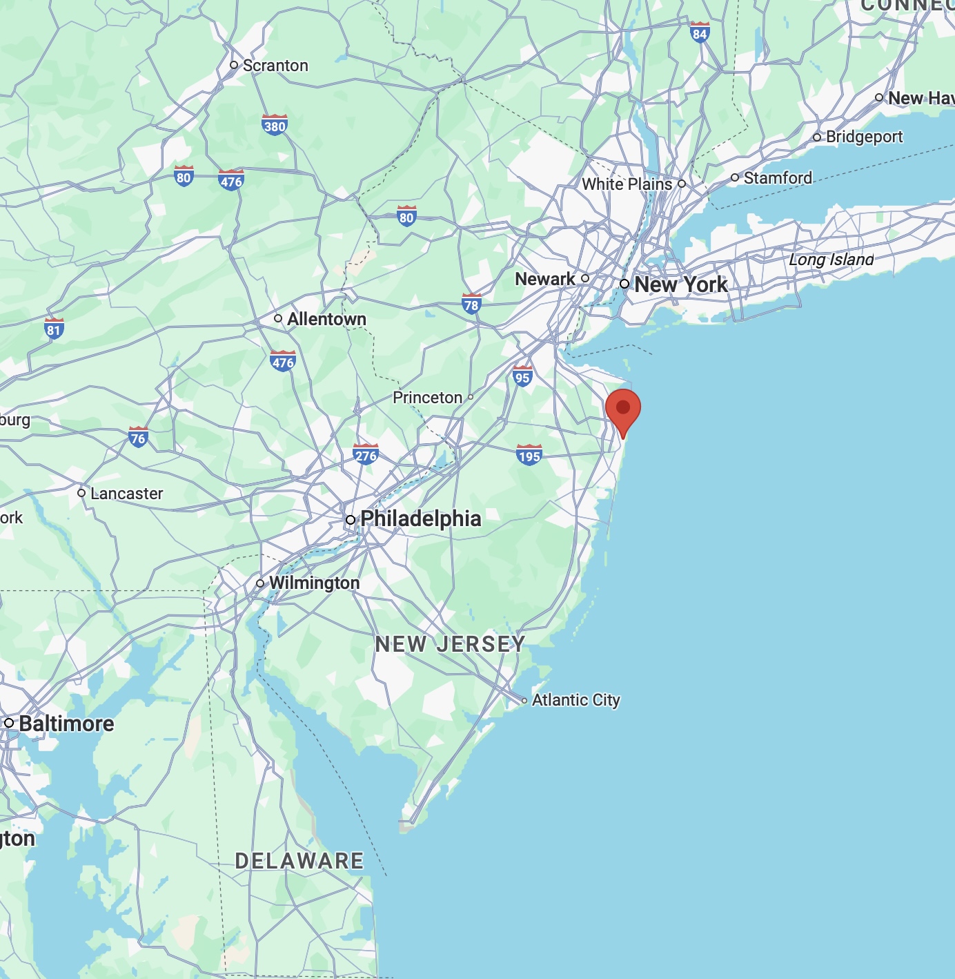 Map of New Jersey with red pin in location of Asbury Park. 