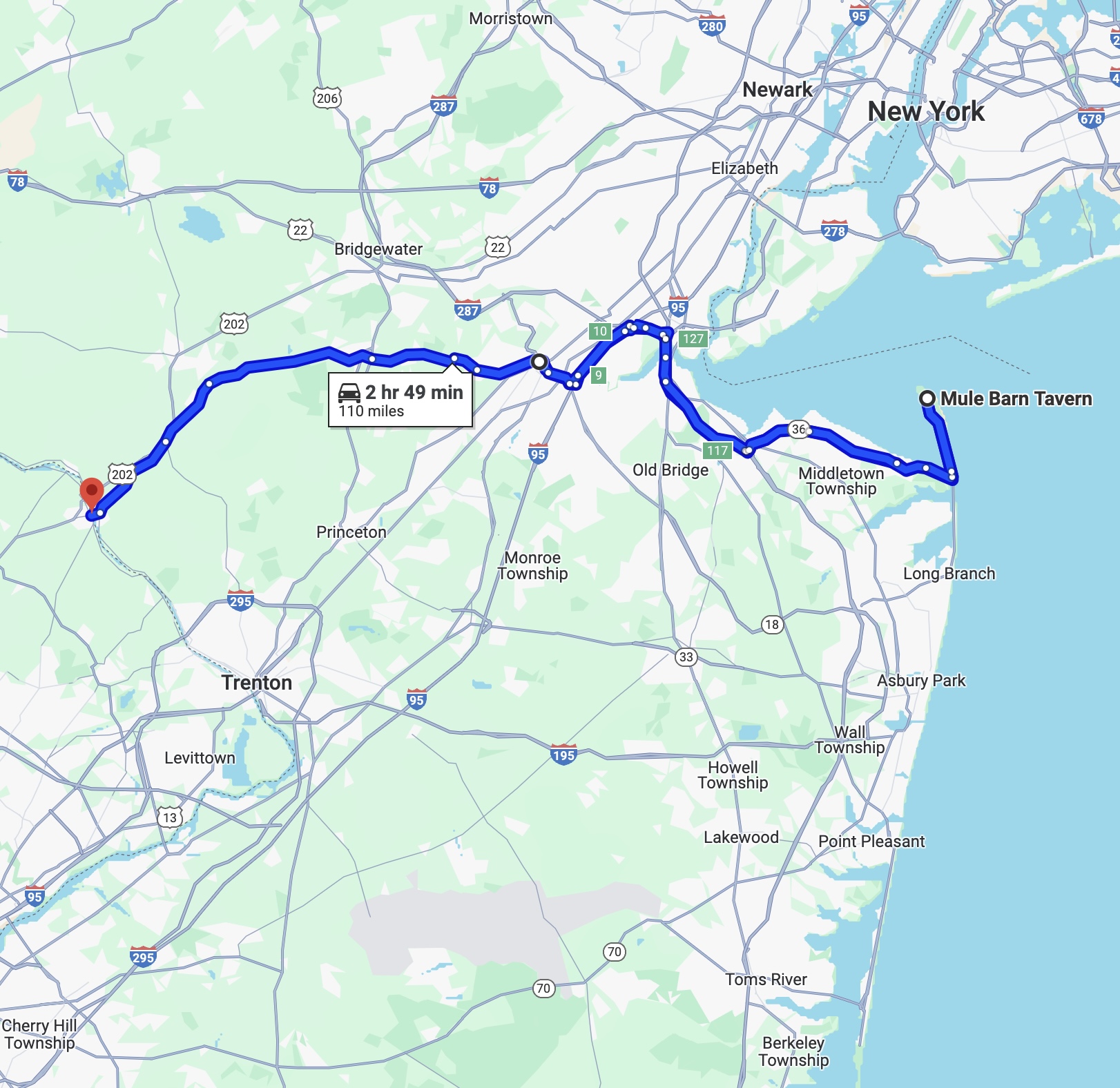 Map of New Jersey with blue route line running from Gateway National Recreation Area to New Hope, Pennsylvania.