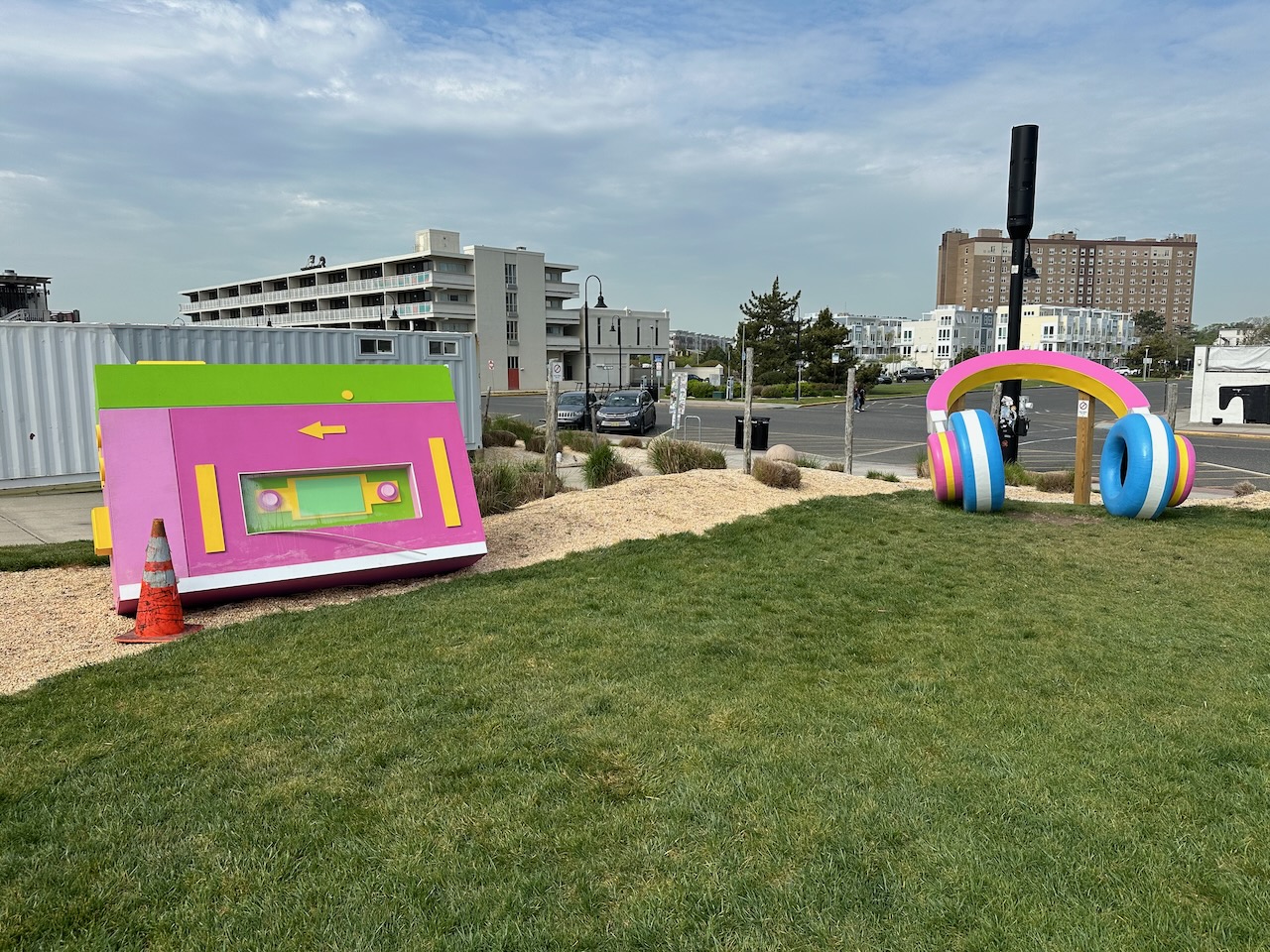 Sculptures of Walkman Bassett player and headphones. 