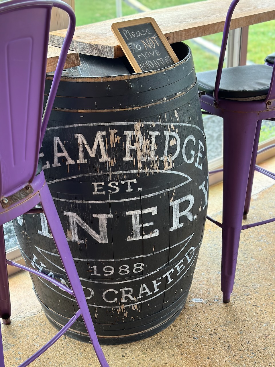 Barrel with words CREAM RIDGE WINERY EST 1988 HAND CRAFTED