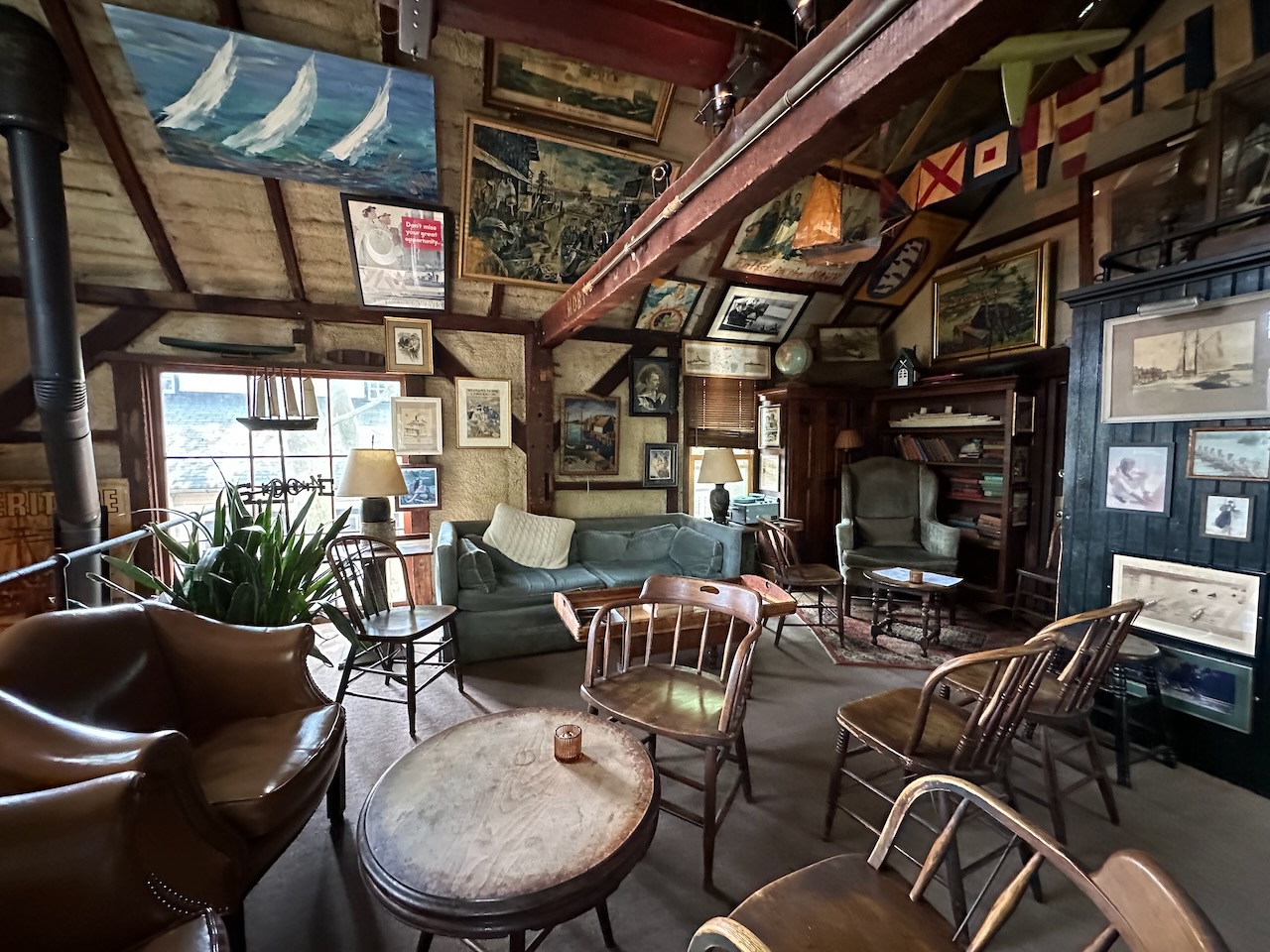 Interior of the Boat House, with nautical themed decorations covering the walls. 