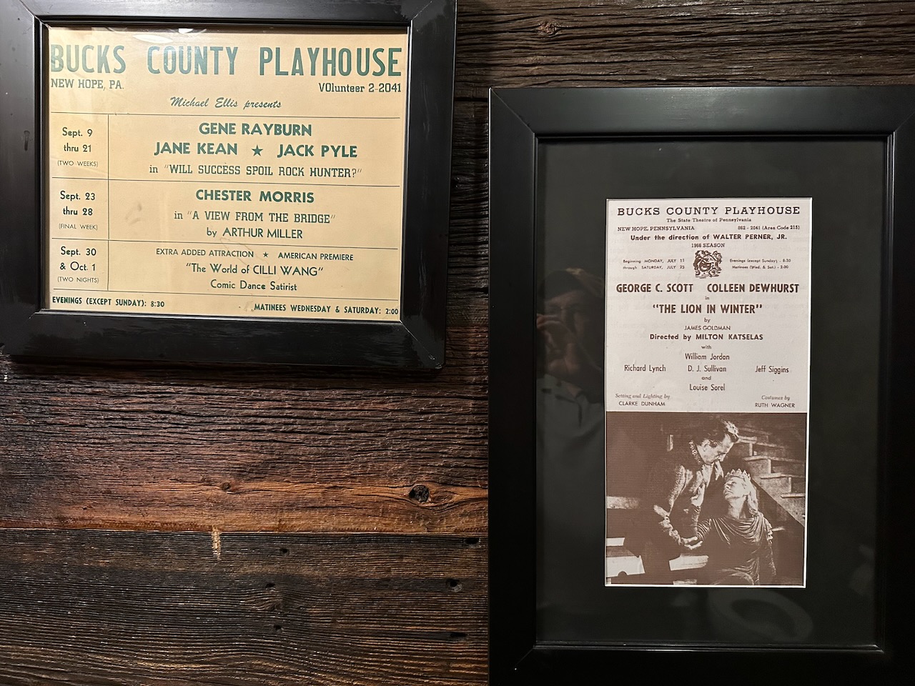 Two framed playbills with names of actors listed. 