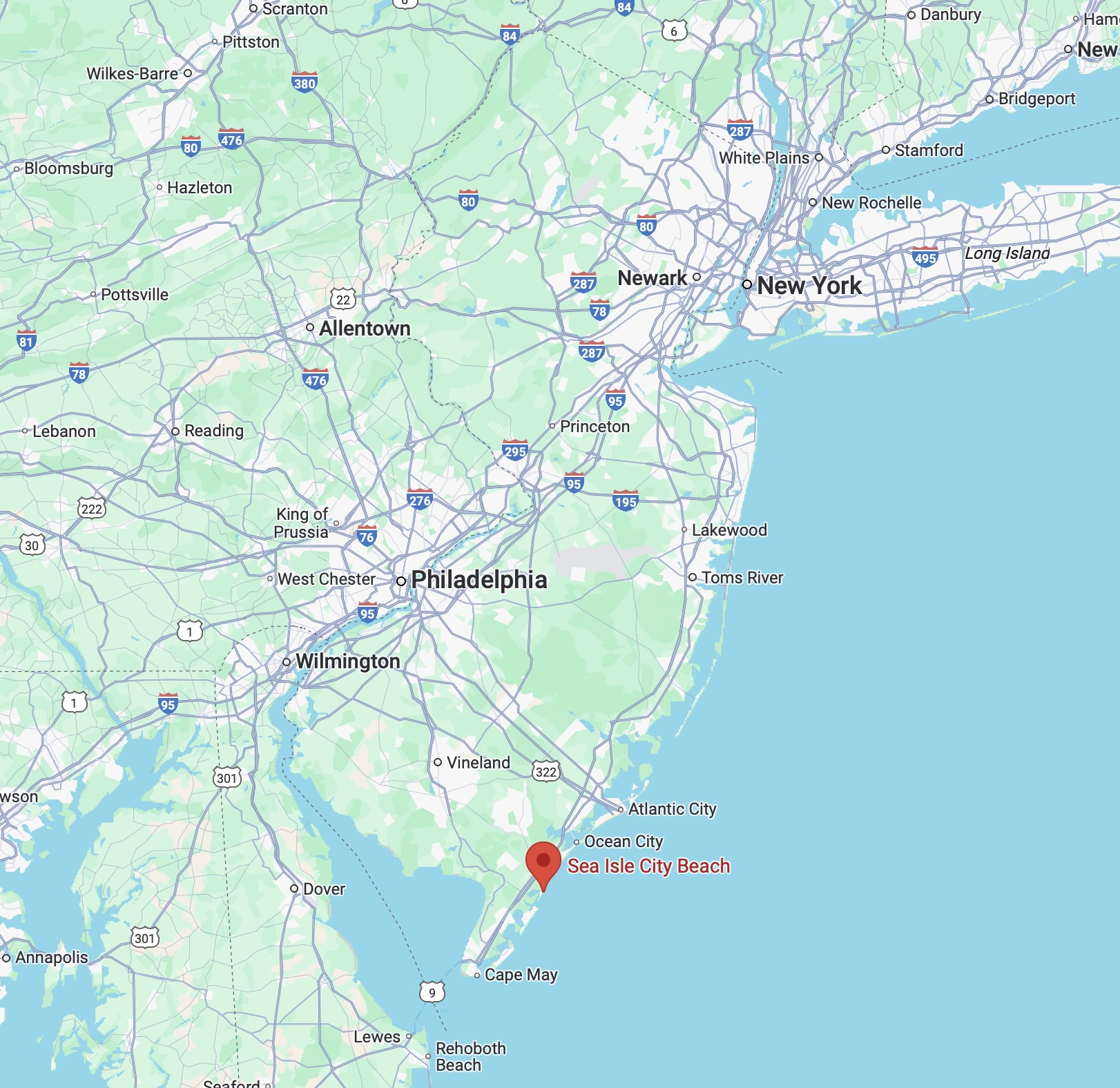Map of New Jersey with red pin in location of Sea Isle City. 