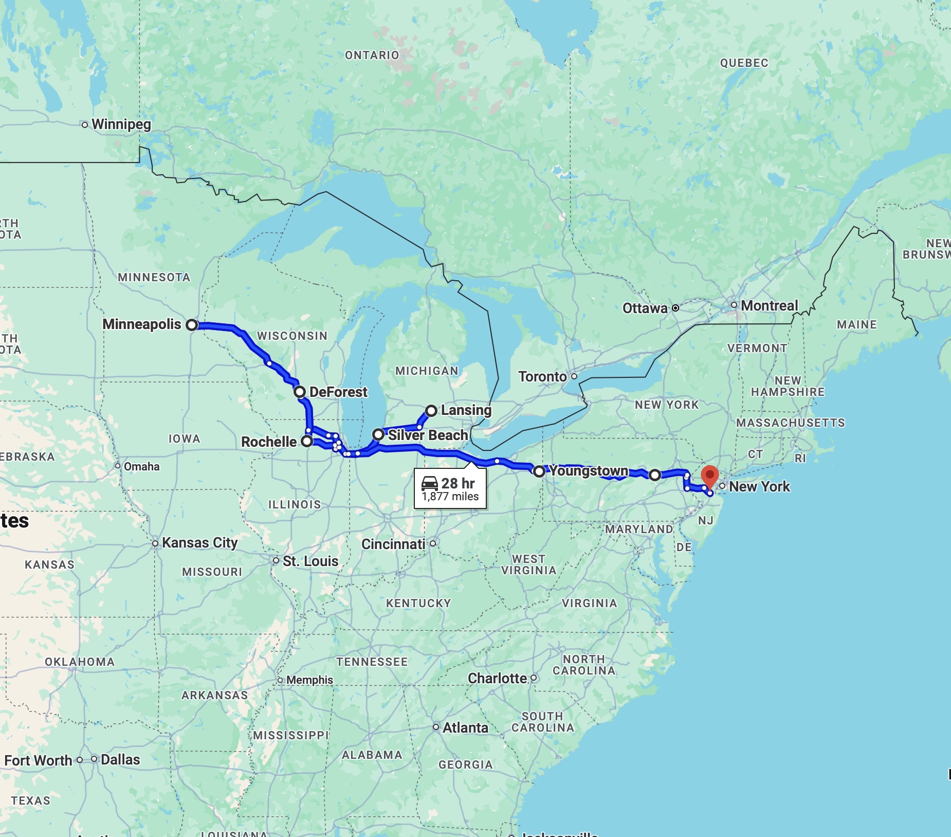 Map of eastern United States, with route line running from Michigan to Minneapolis, Minnesota, and back to New Jersey. 