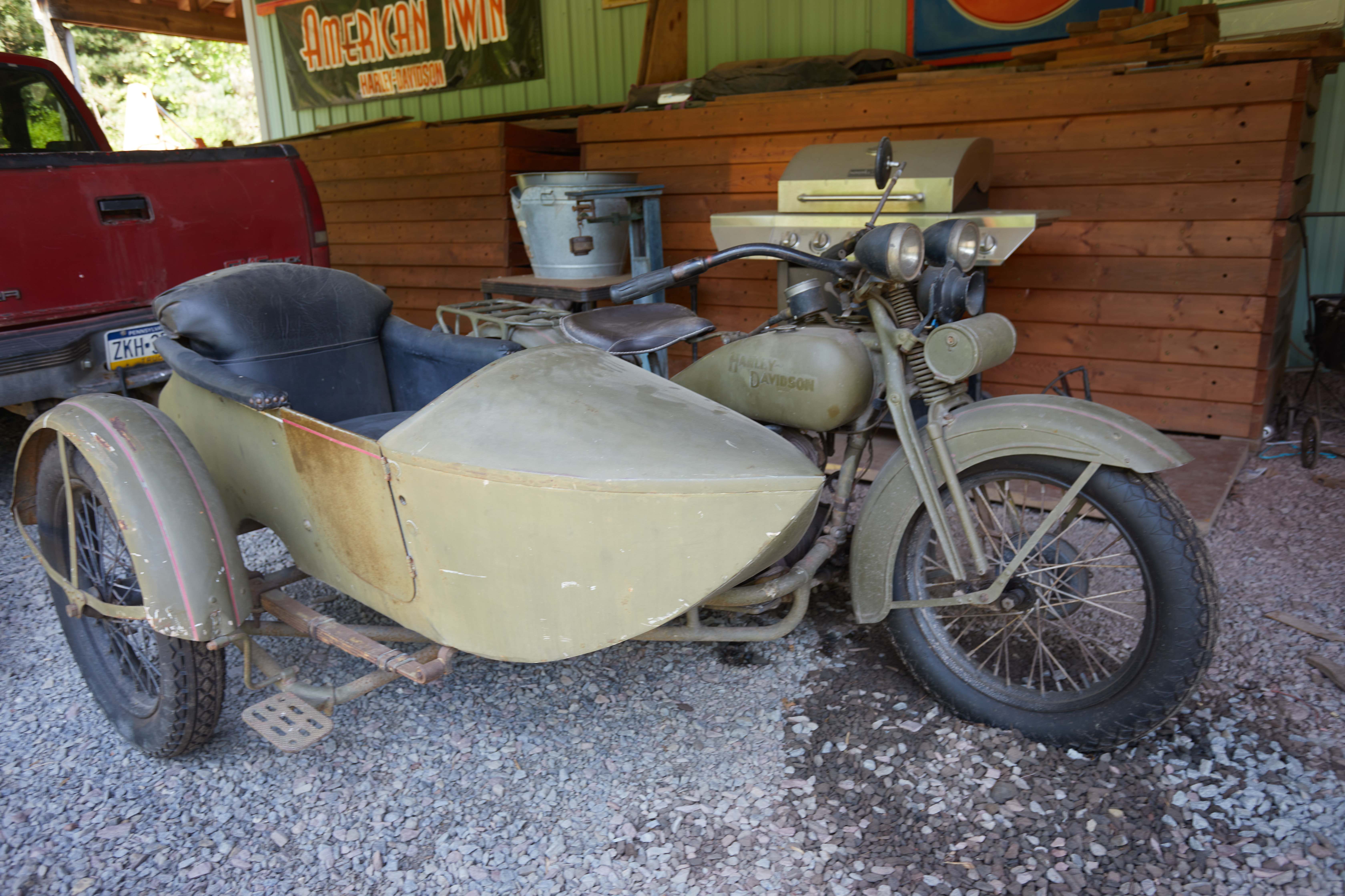 Harley-Davidson military motorcycle with sidecar.