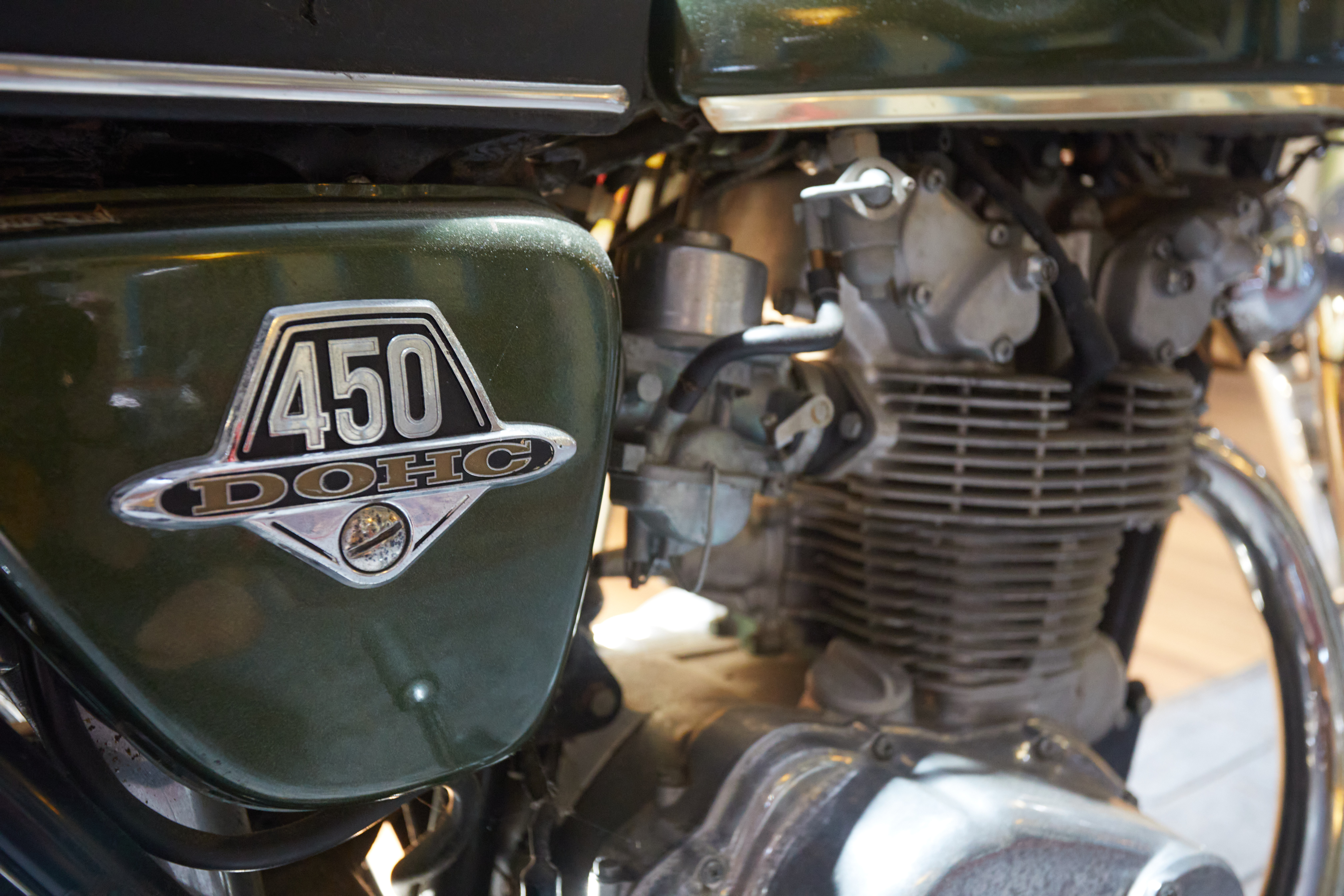 Closeup of Honda CB450 motor.