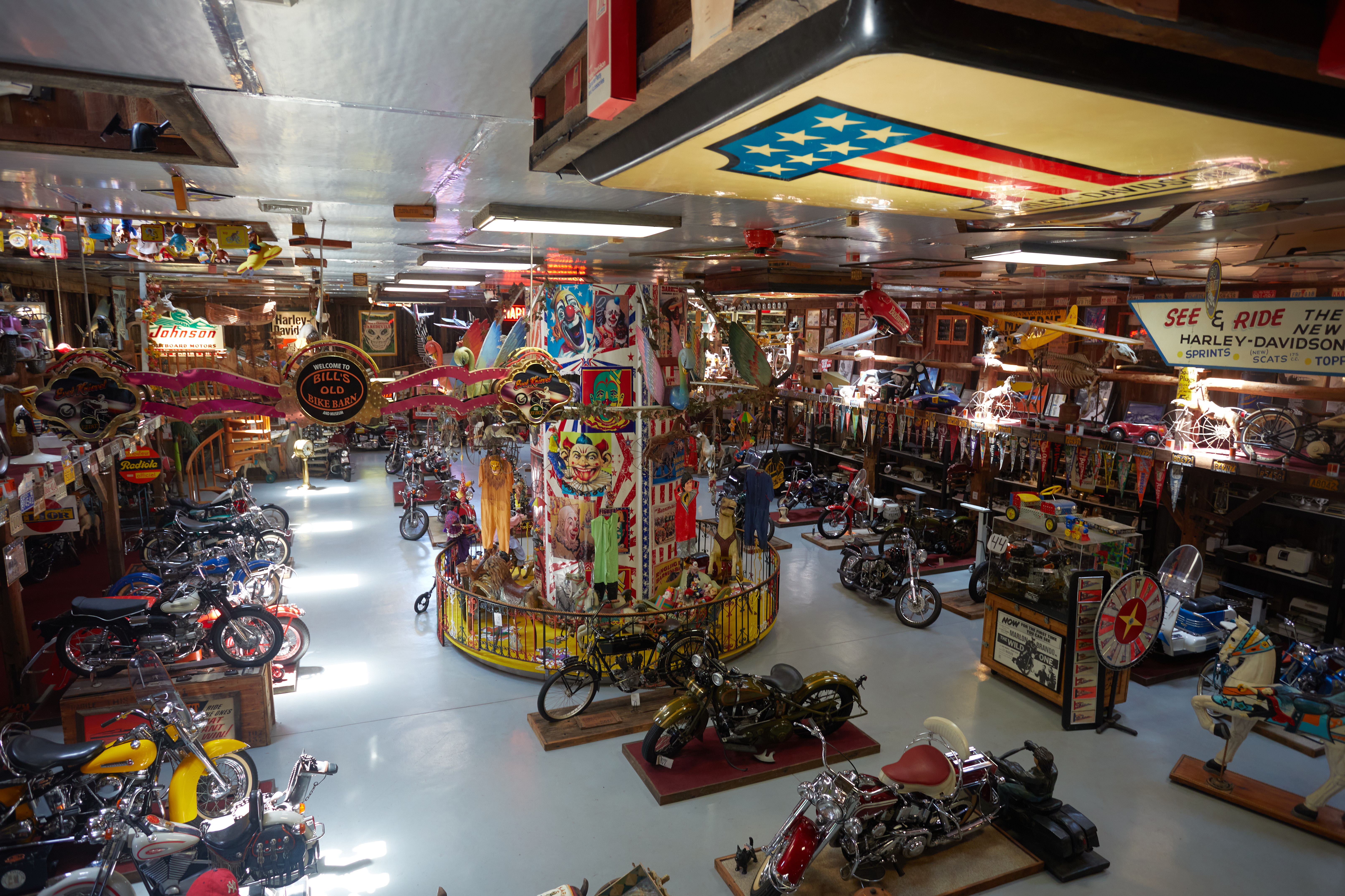 Main exhibition hall of Bill's Old Bike Barn.