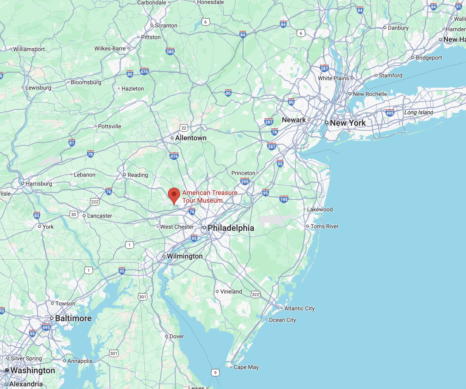 Map of New Jersey and eastern Pennsylvania with red pin in location of American Treasure Tour Museum near Philadelphia.