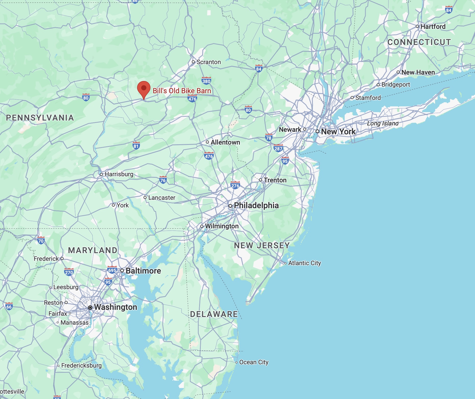 Map of Pennsylvania and New Jersey, with red pin in location of Bill's Bike Barn.