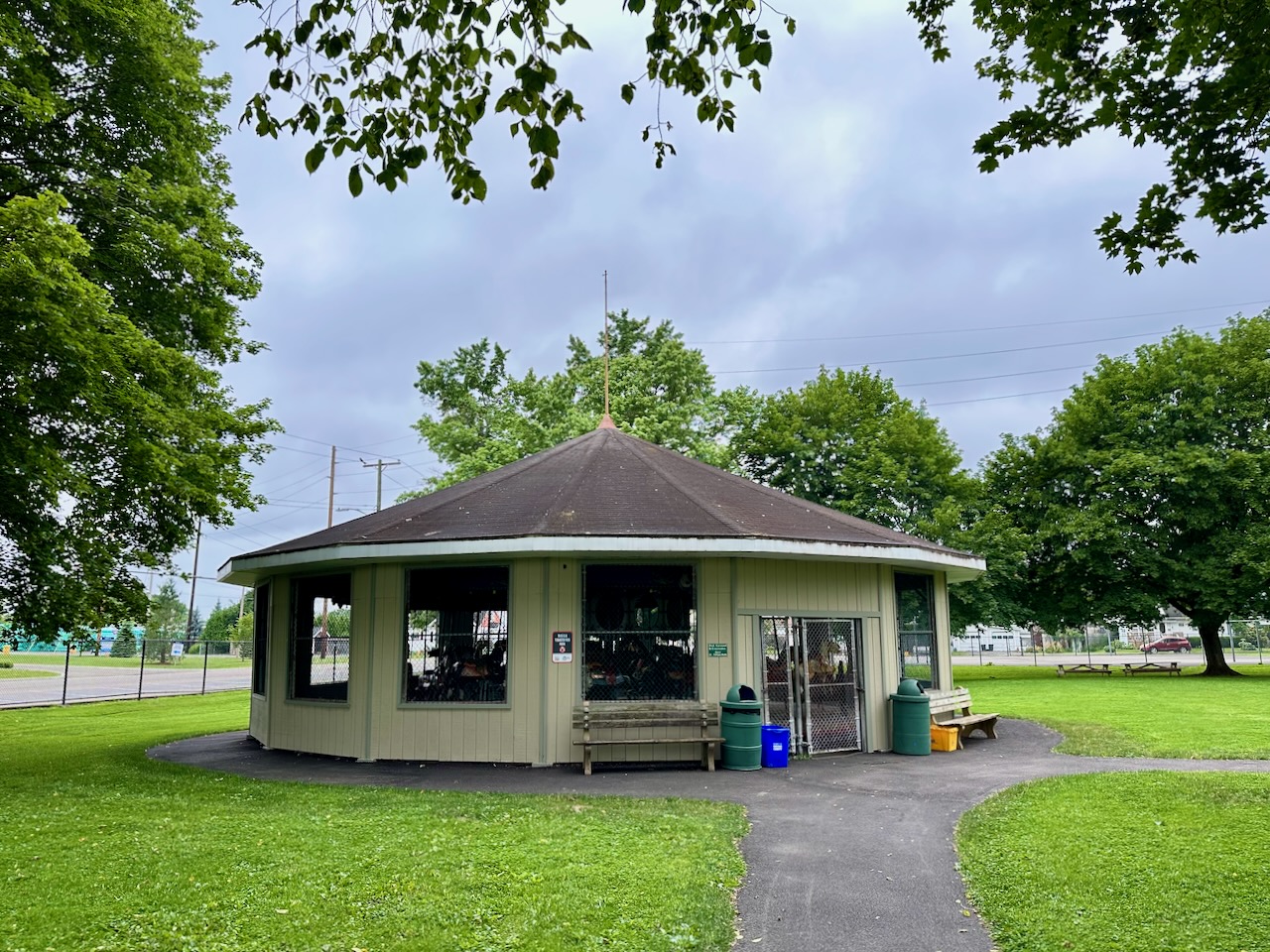 Exterior of carousel building in West Endicott Park. 