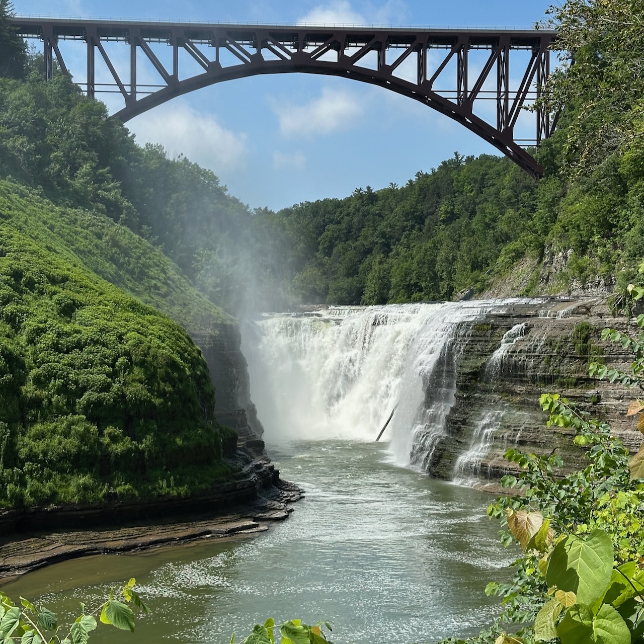 View of Upper Falls with railroad trestle bridge above falls. 