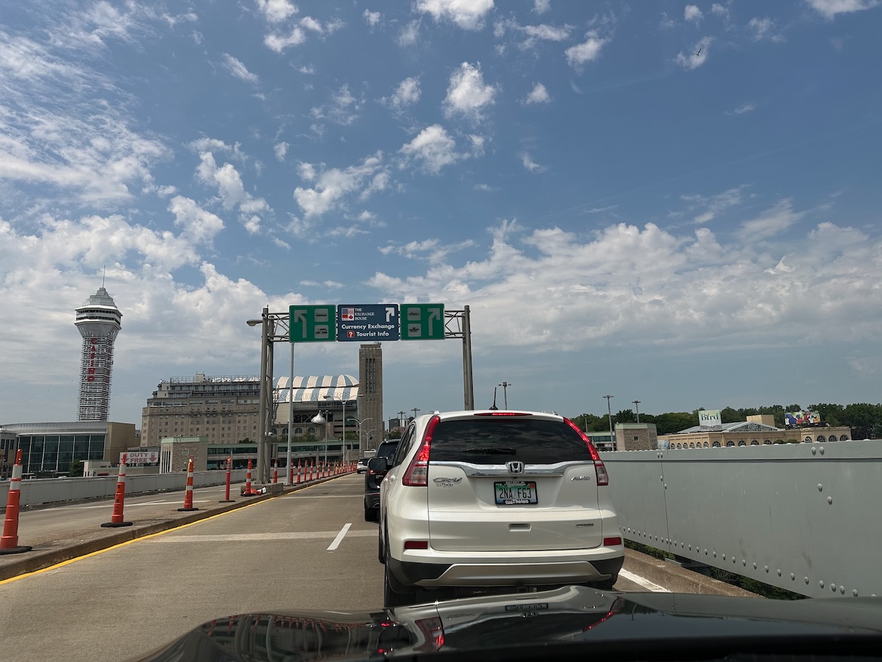 Line of traffic waiting border control on Canadian side of Rainbow Bridge.