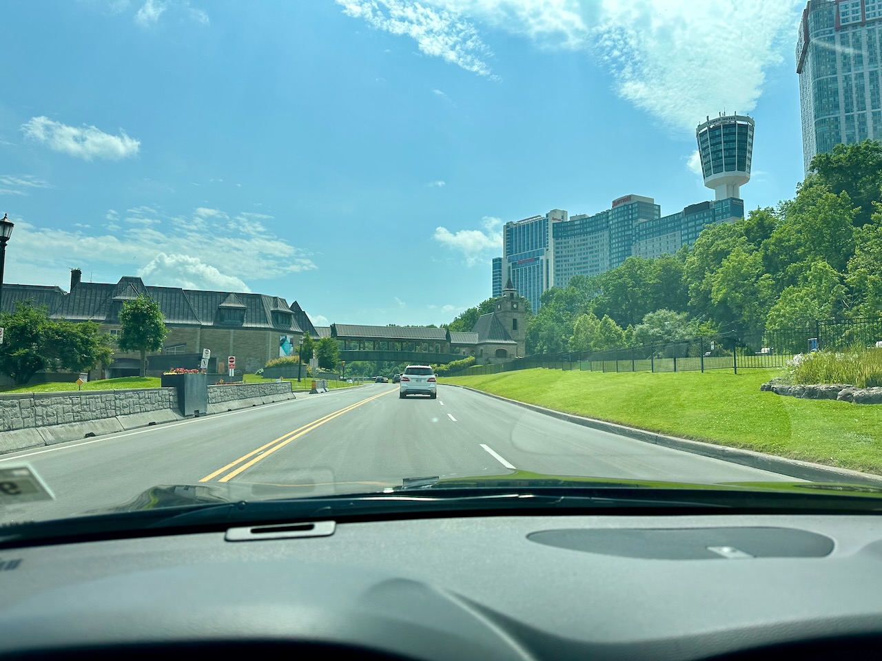 View of road with hotels and casinos on either side.