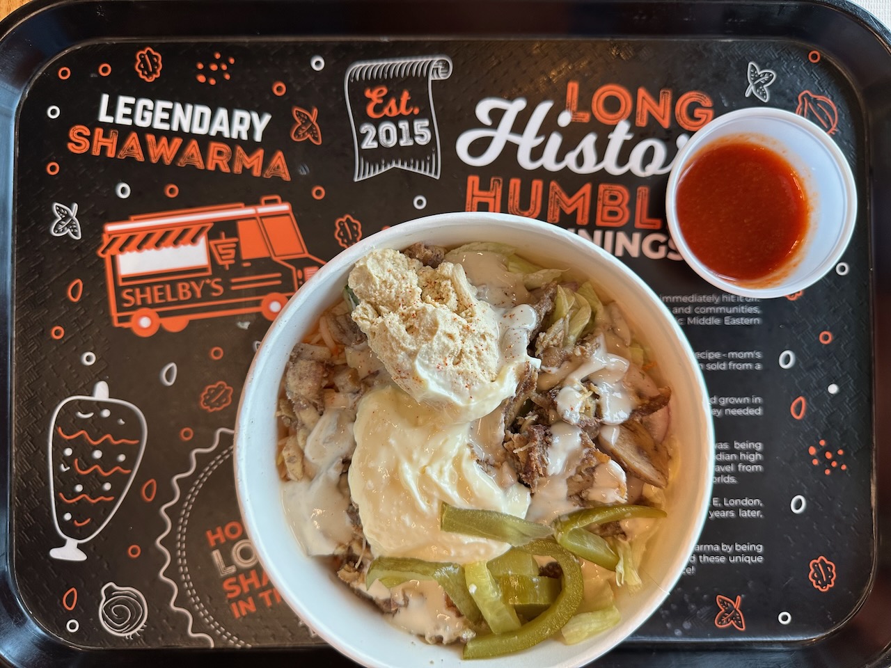 Chicken shawarma platter on tray. 