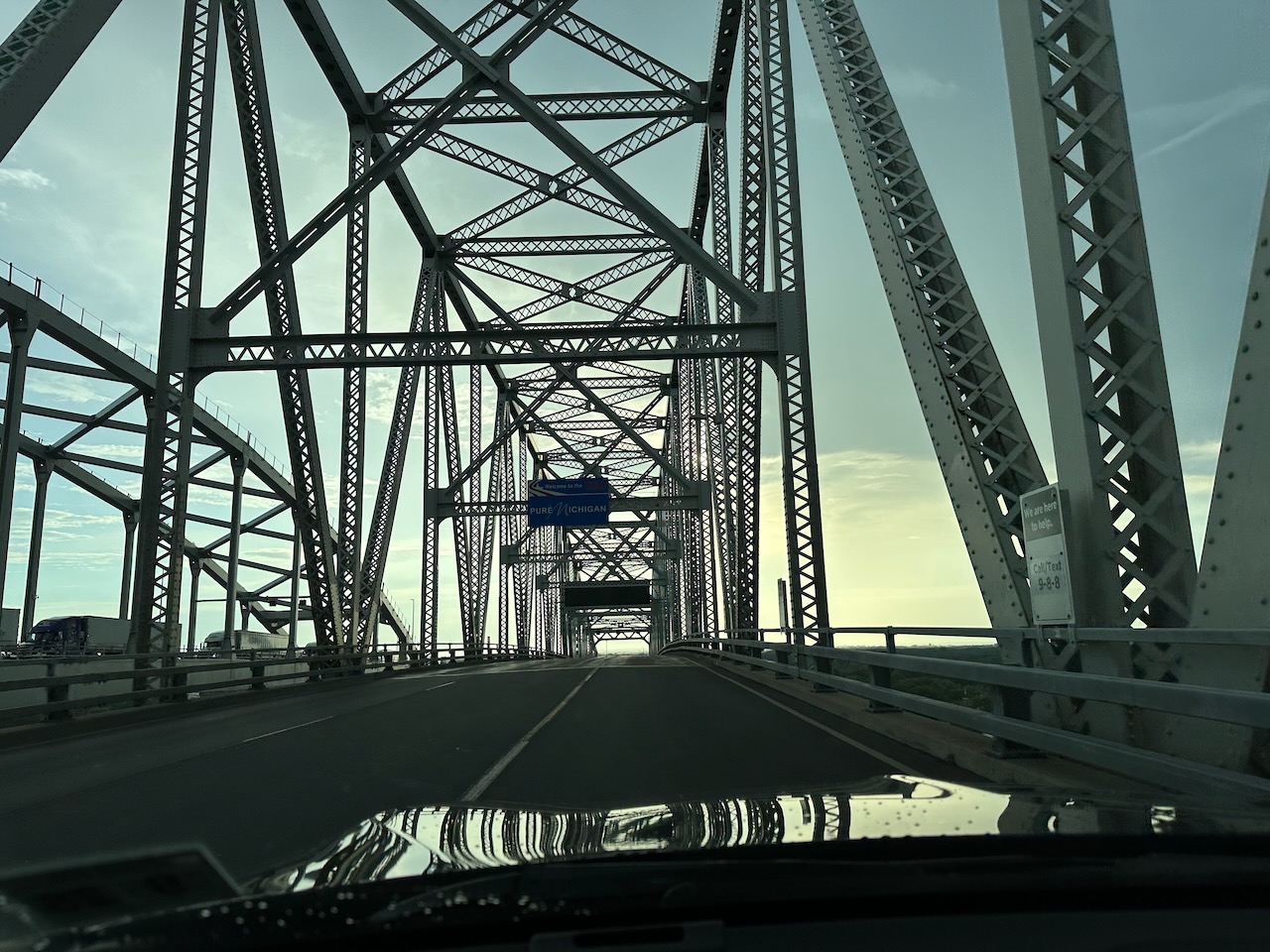 View of roadway and structure of Blue Water Bridge. 