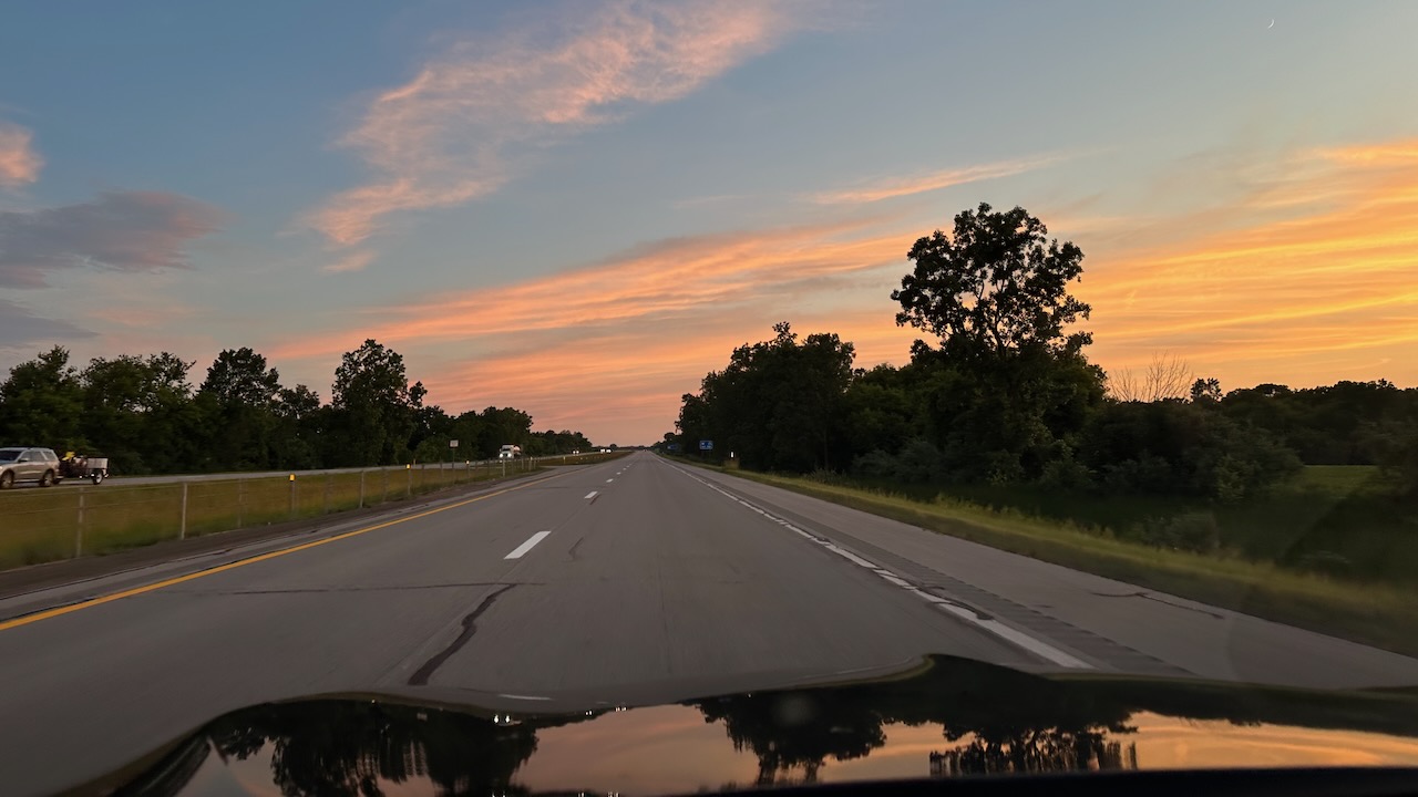 View of I-69 westbound at dusk. 