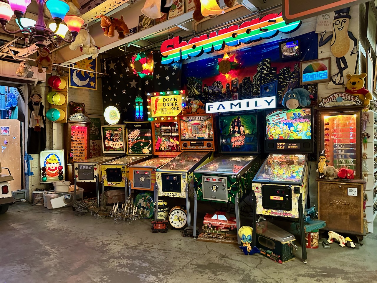 Display of arcade pinball machines.