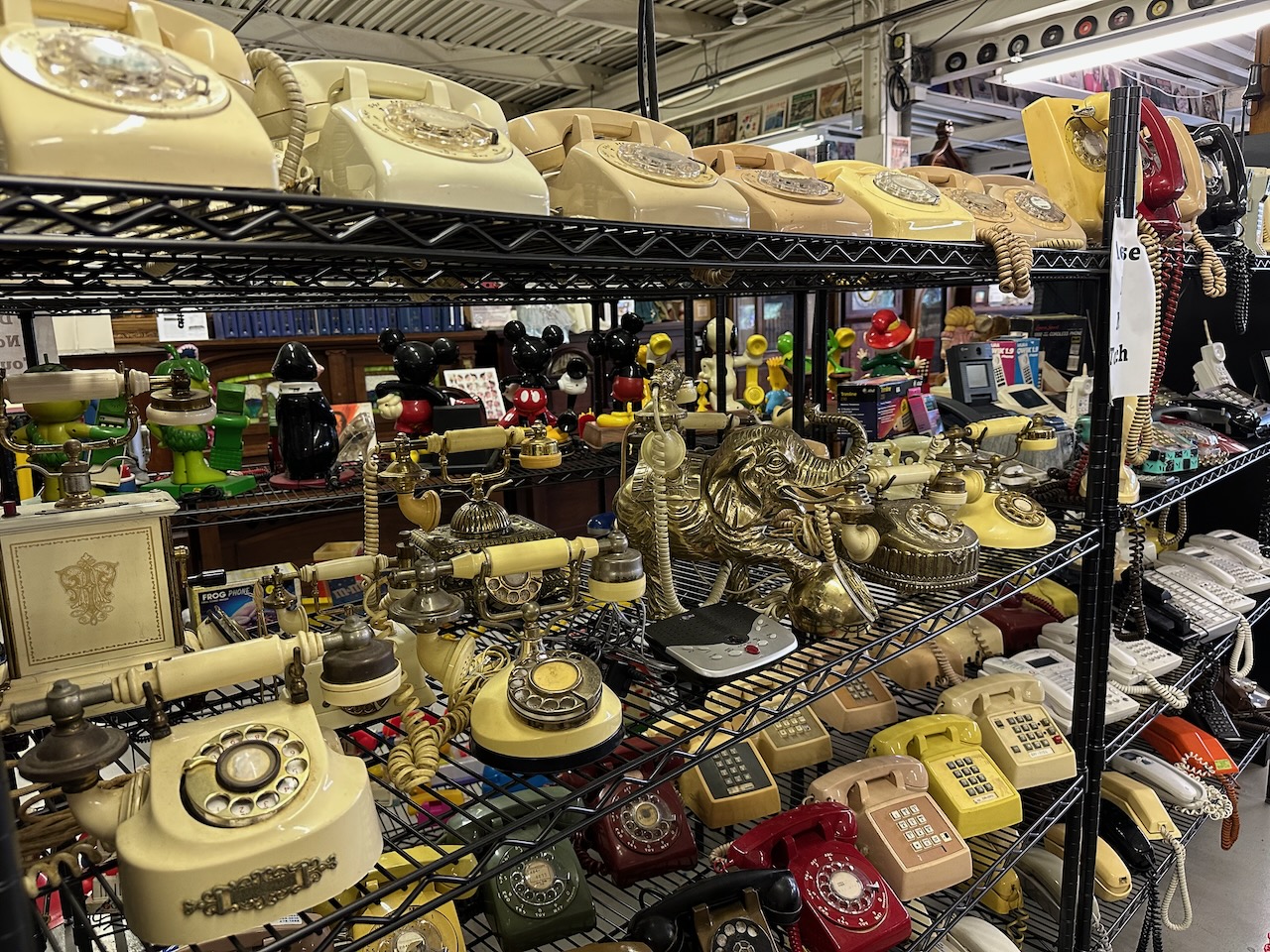 Collection of various types of telephones on shelves.