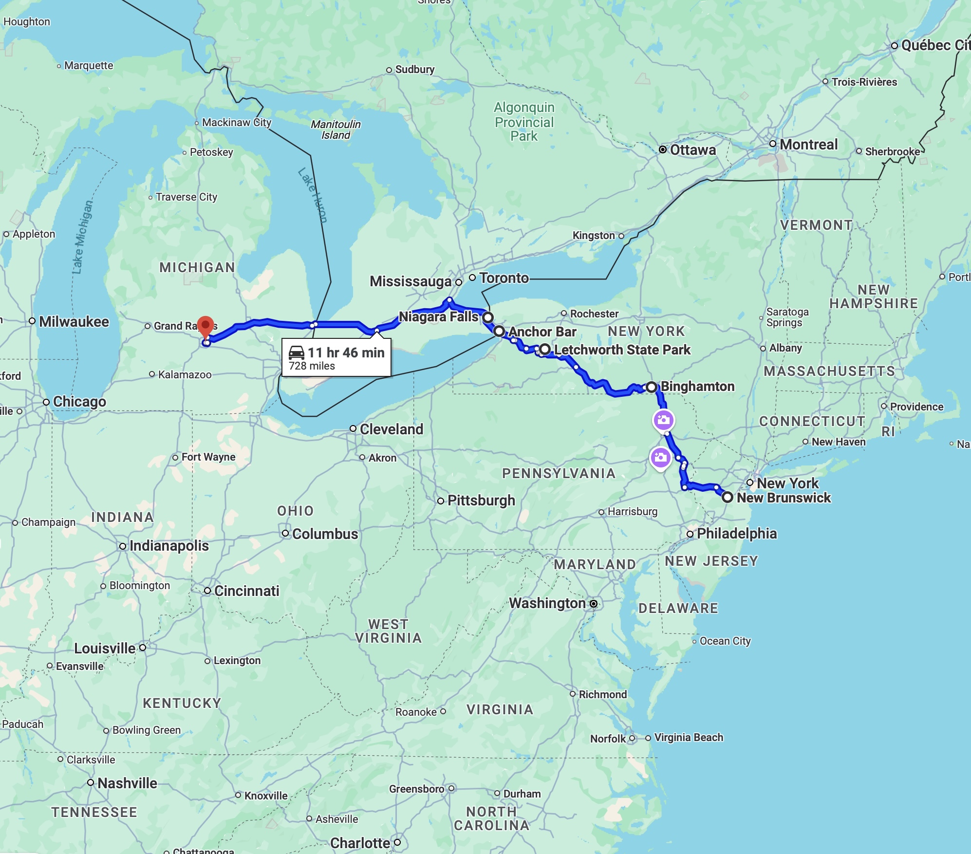 Map of eastern United States and Canada, with blue route line running from New Jersey to Ontario, and then to Michigan. 