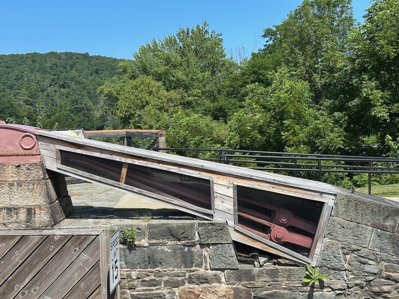 View of suspension cables of bridge. 