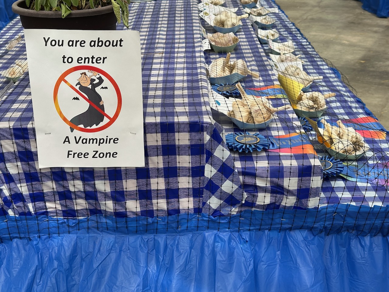 Garlic on display with a sign that reads YOU ARE ABOUT TO ENTER A VAMPIRE FREE ZONE.