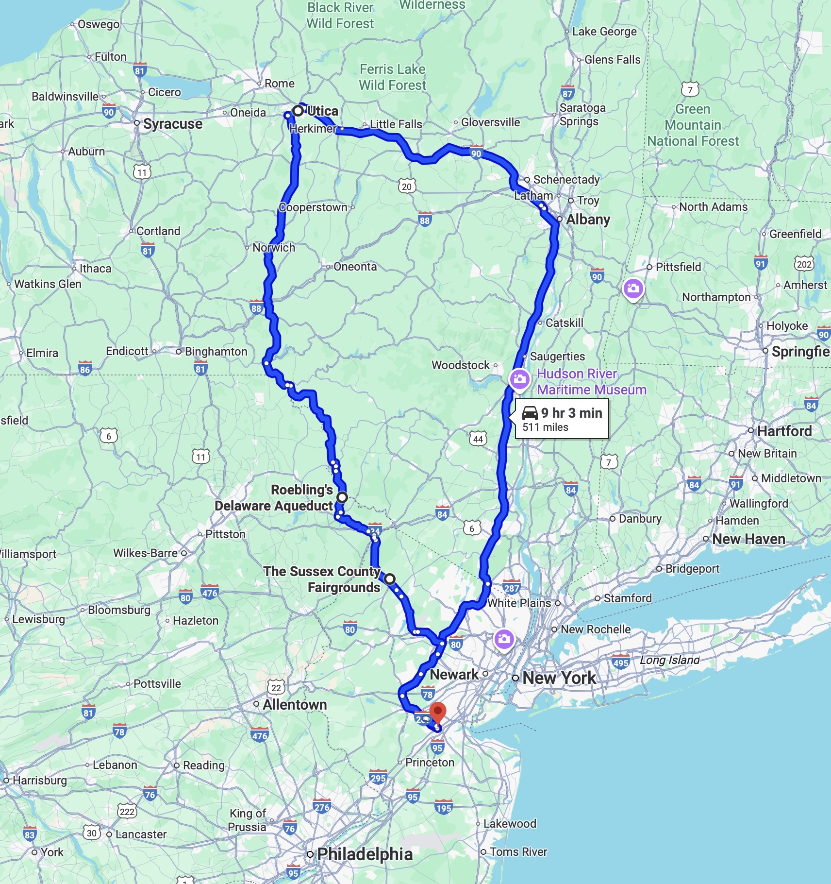 Map of New York and New Jersey, with a blue route line running from New Brunswick, NJ to Utica, NY and back to New Brunswick. 