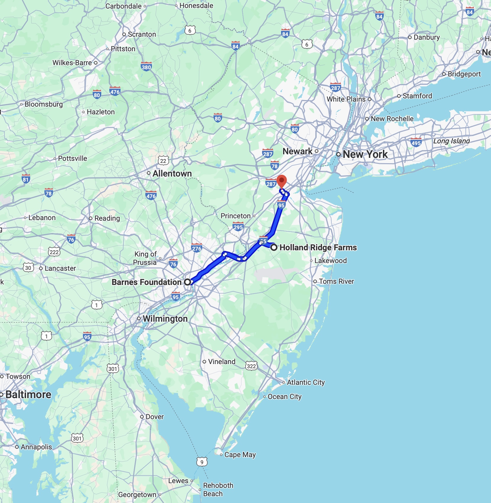 Map of New Jersey and eastern Pennsylvania, with blue route line running from New Brunswick NJ to Philadelphia, PA. 