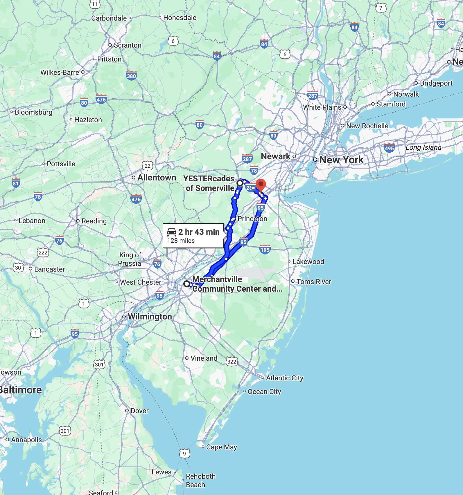 Map of New Jersey, with blue route line running from New Brunswick to Merchantville to Somerville and then back to New Brunswick. 