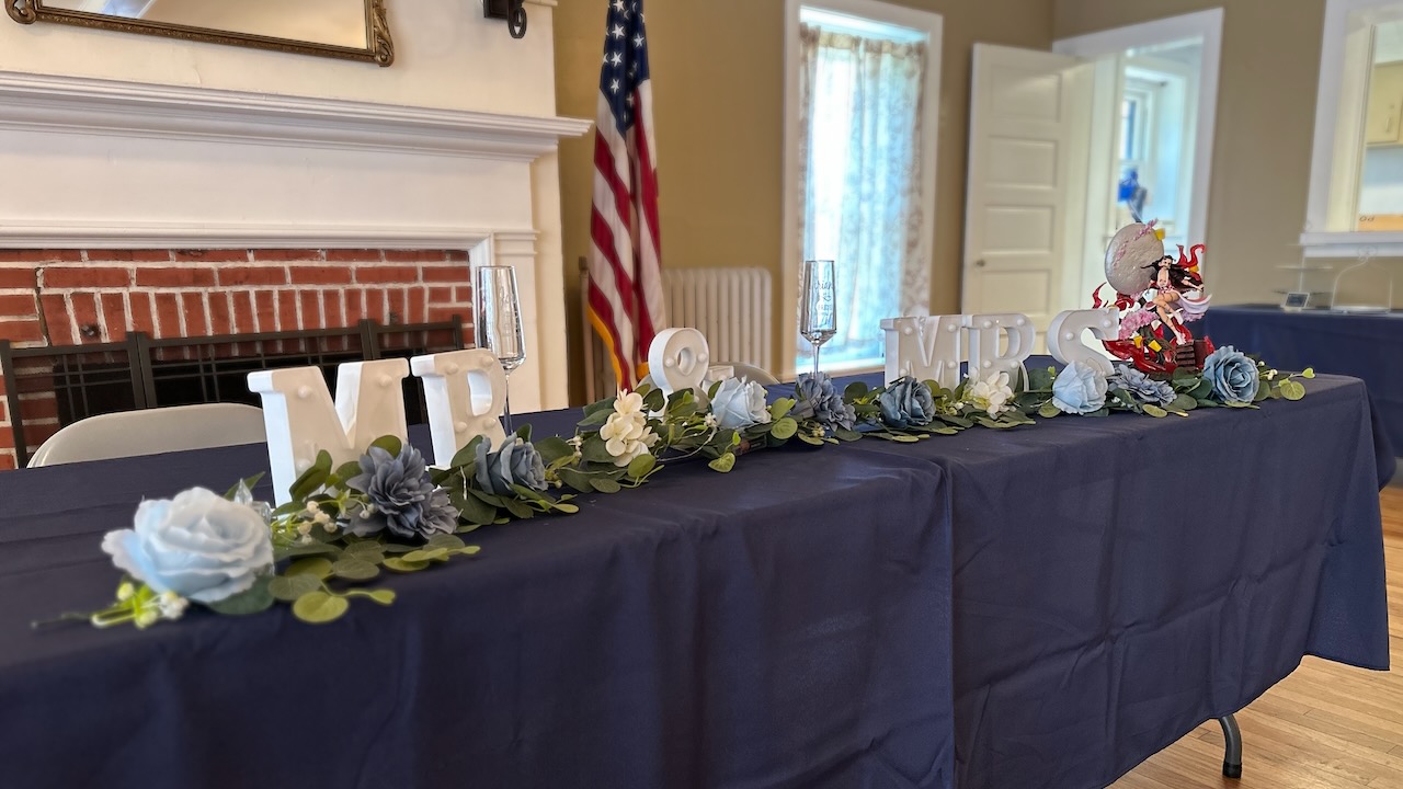 Table for groom and bride at wedding venue.