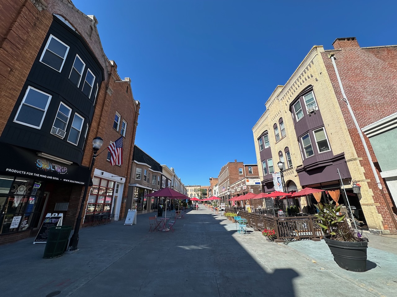 View of buildings along Division Street in Somerville. 