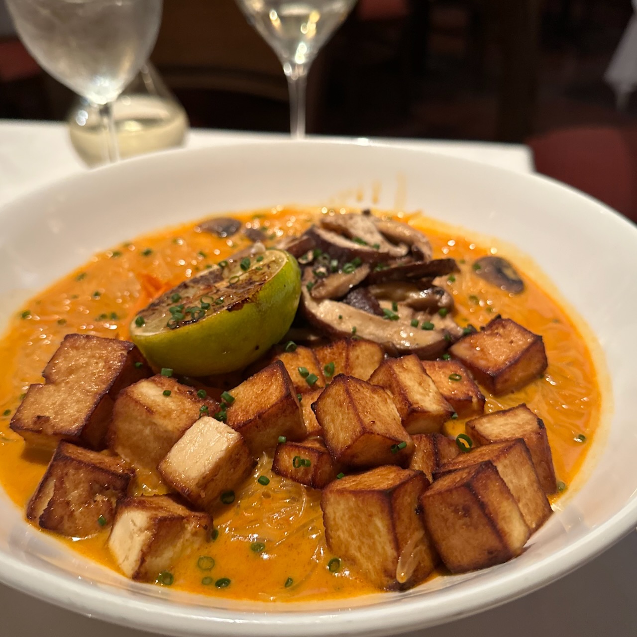 Tom Yum Noodle Bowl in white bowl.