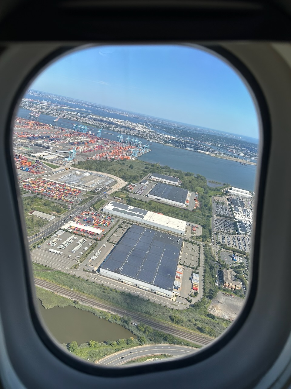 View of area around Newark International Airport from airplane window.