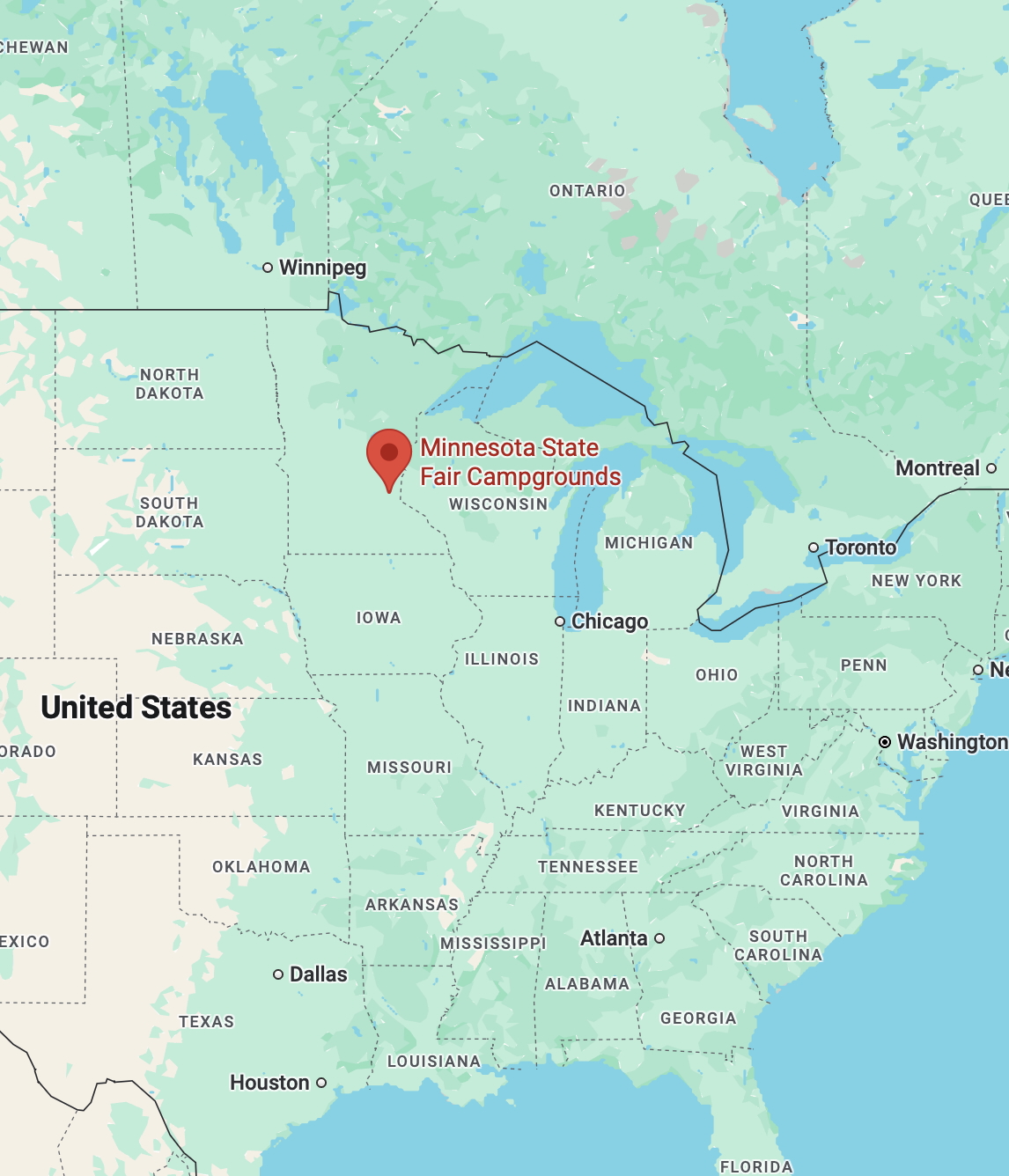 Map of eastern  United States with red pin in location of the Minnesota State Fair.