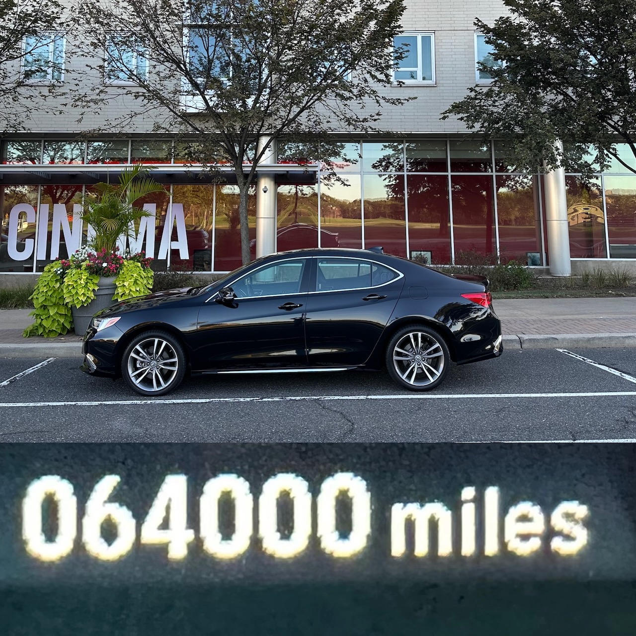Split image: Top - 2020 Acura TLX parked in front of Rutgers Cinema. Bottom - odometer reading 64,000 miles.