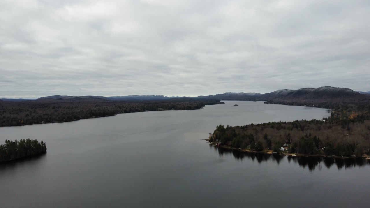 View of Fourth Lake and surrounding forest and mountains.