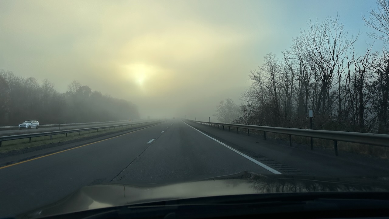 Heavy fog over I-90 in New York. 