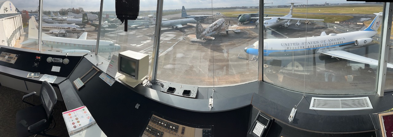Panorama of museum exhibits from control tower. 