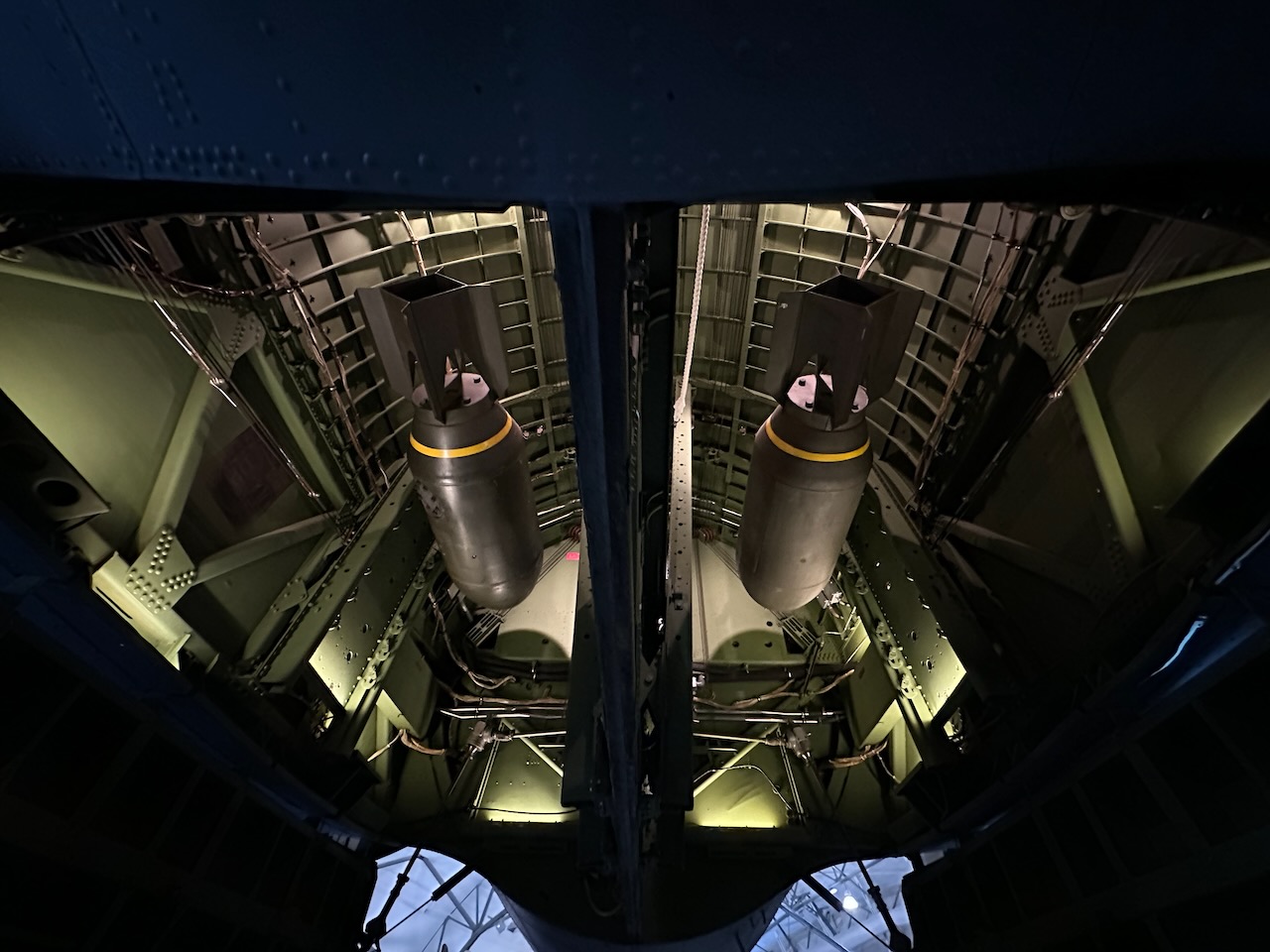 Bomb bay of B-17, with two bombs visible.