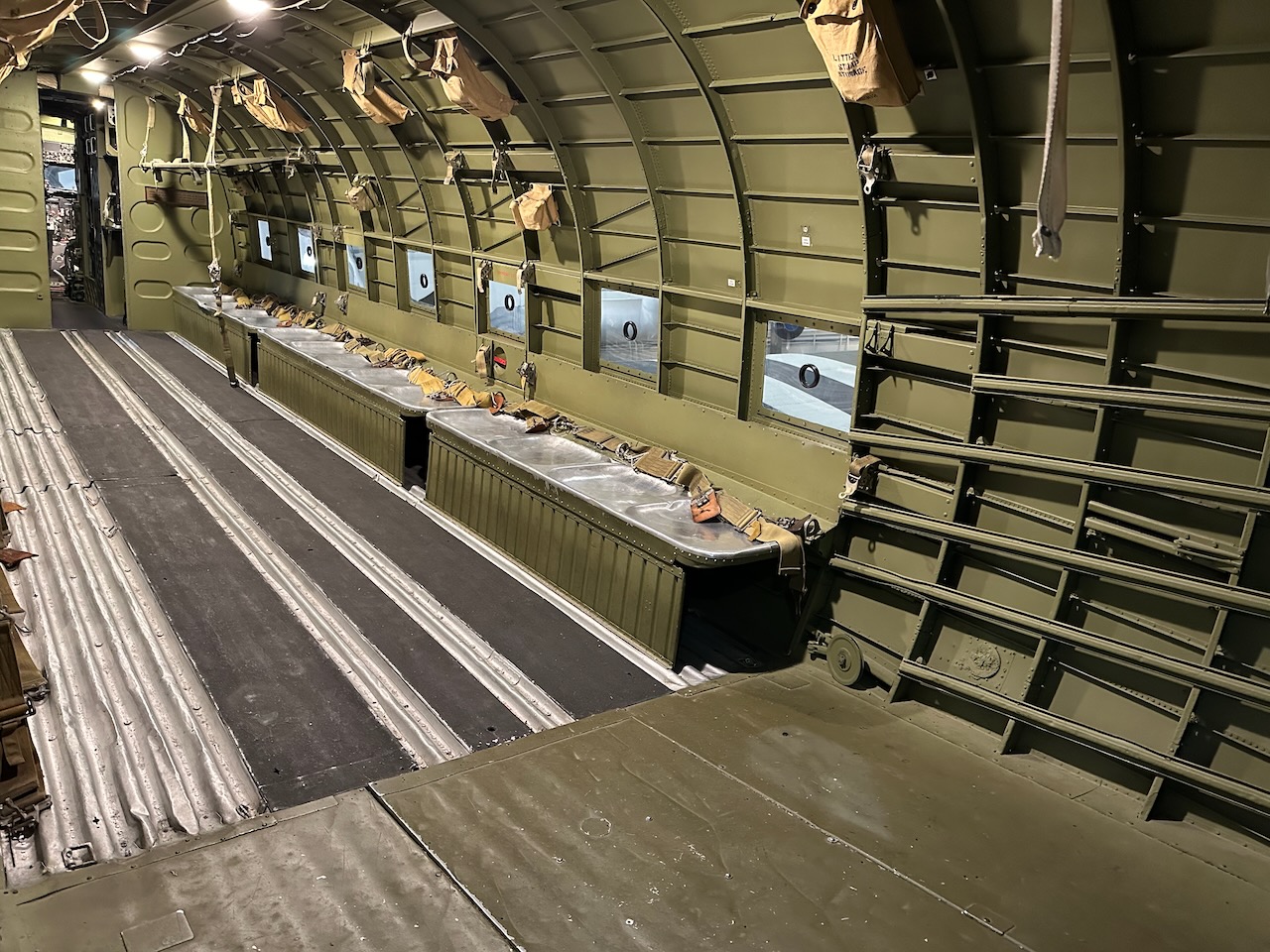 Interior compartment of C-47A configured for paratrooper deployment. 