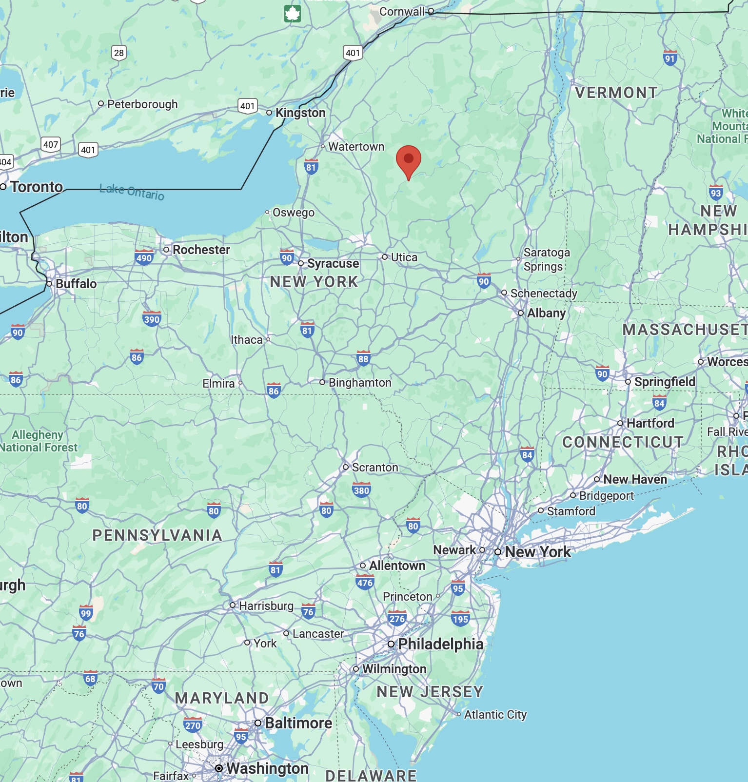 Map of northeastern  United States with pin in location of Adirondack State Park. 