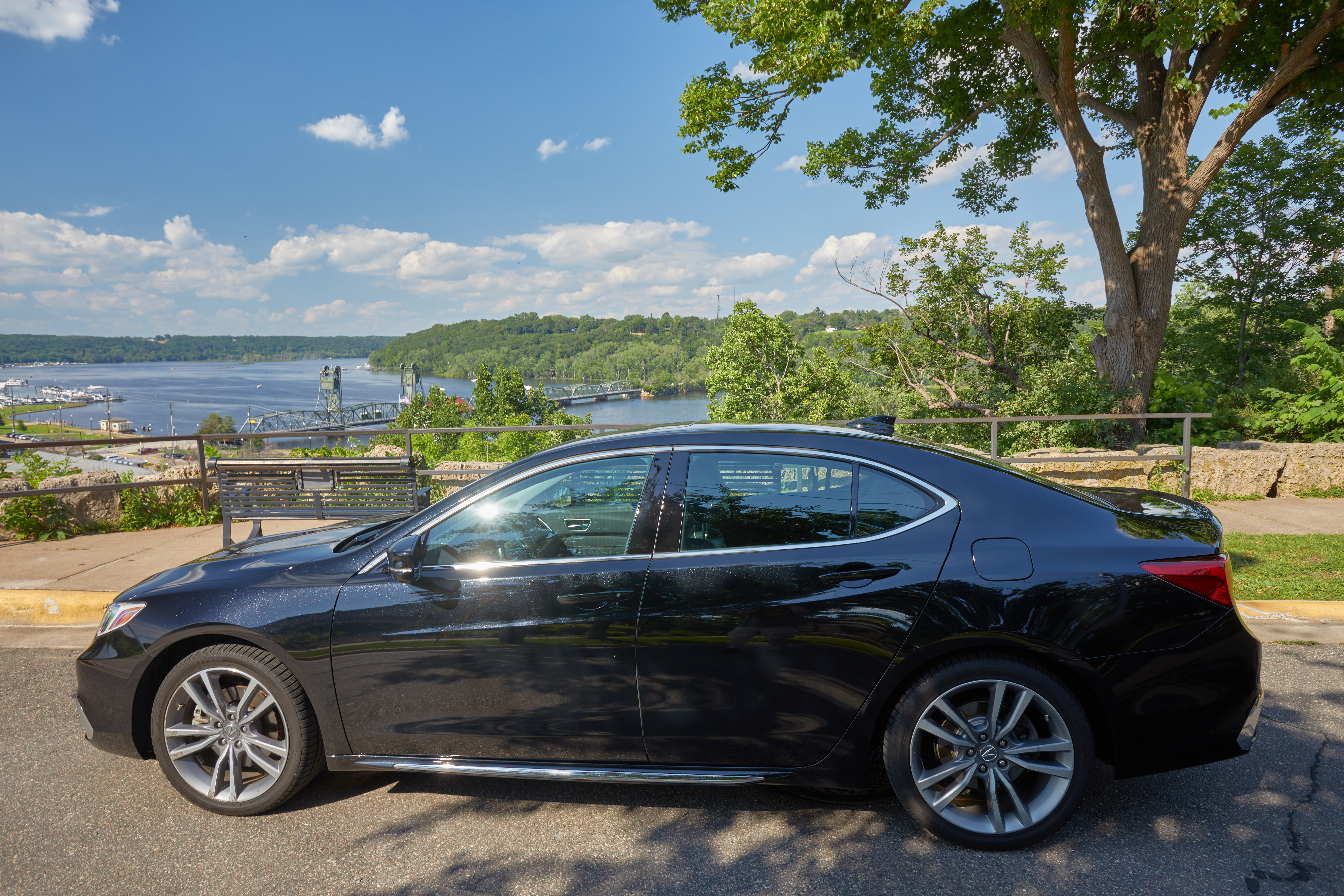 2020 Acura TLX parked atop hill overlooking downtown Stillwater, MN.
