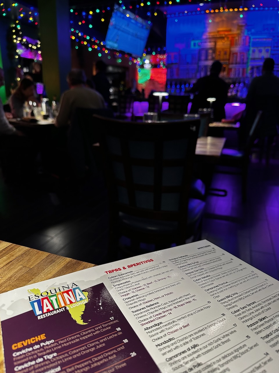 Menu for Esquina Latina on table.