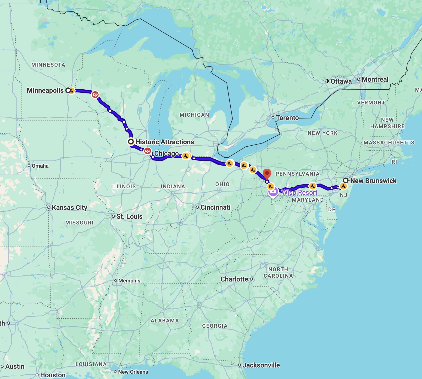 Map of eastern  United States, with route line running from New Jersey to Minneapolis, Minnesota.
