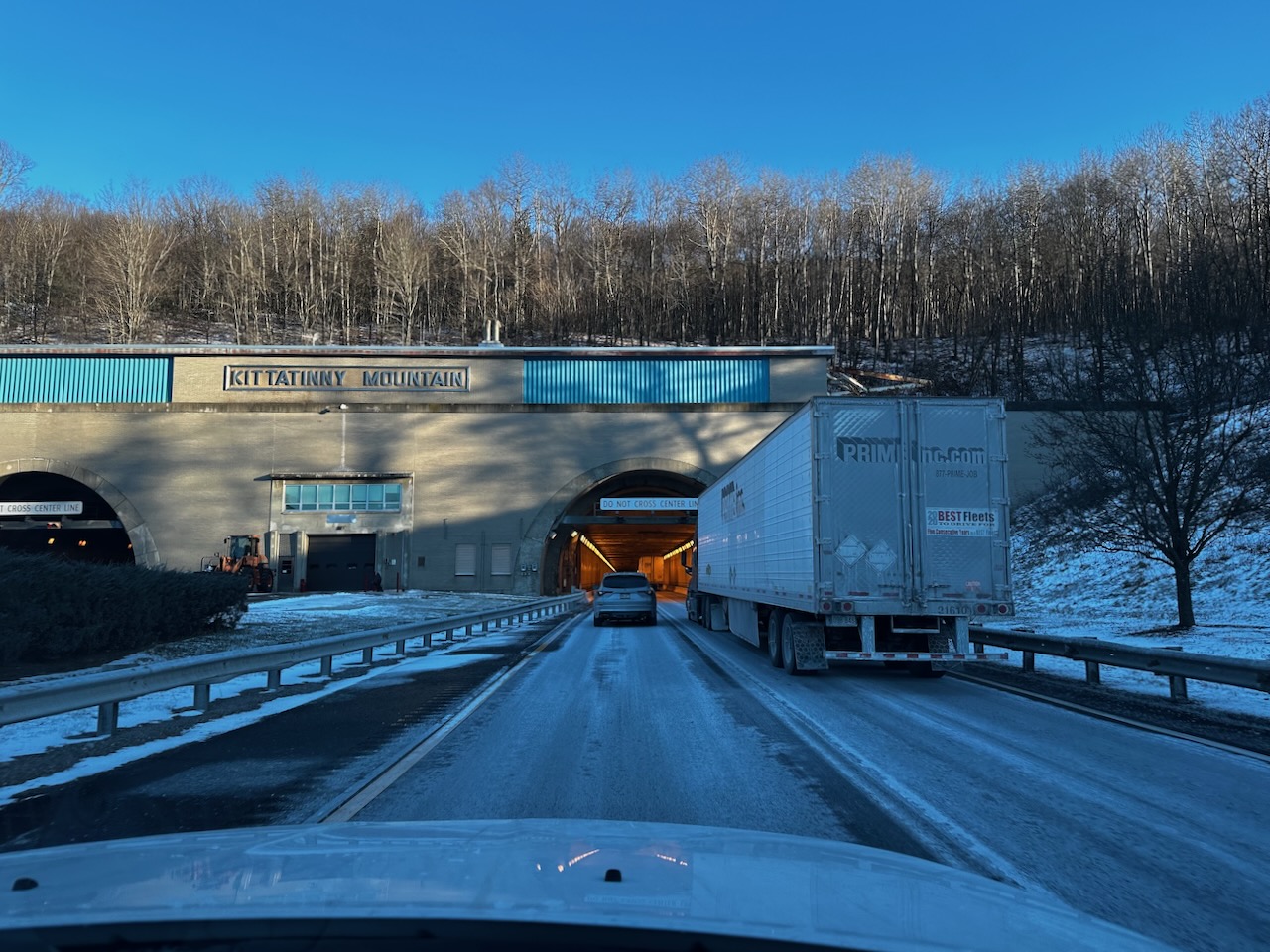 View of tunnel under mountain on PA Turnpike.